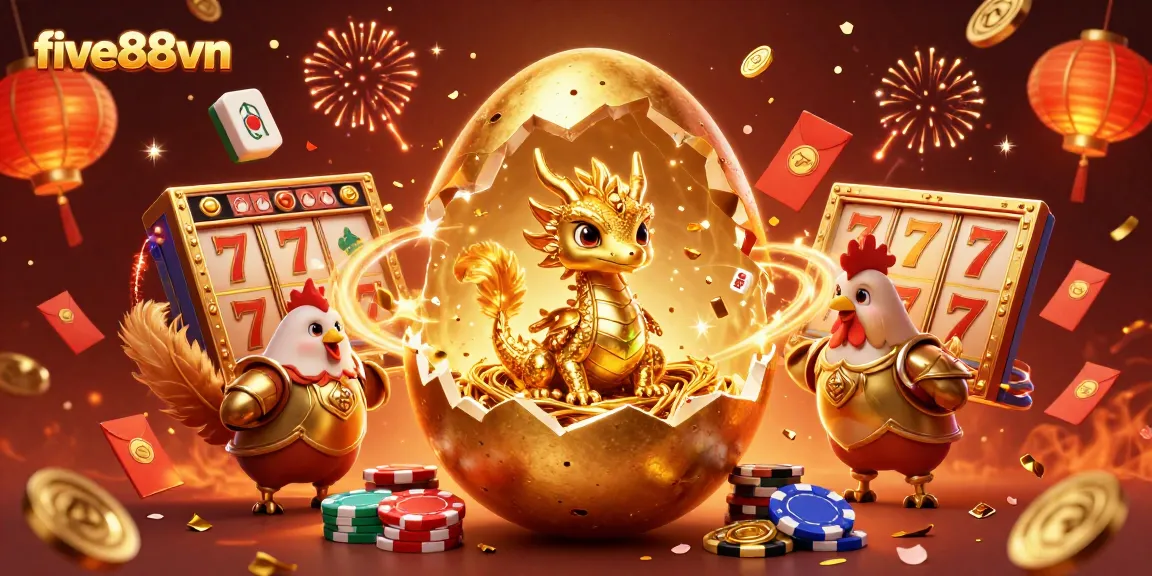 Experience the excitement at five88vn with a dragon guarding golden poker chips amidst glimmering casino elements.