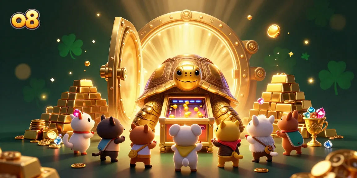 Play exciting games at o8 with a golden tortoise pinball and treasure-filled background.