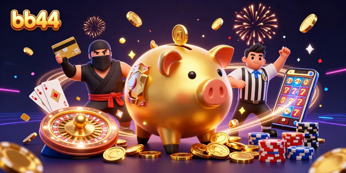 Action-packed scene featuring bb44 characters: sumo piggy bank and ninja throwing coins in vibrant casino.