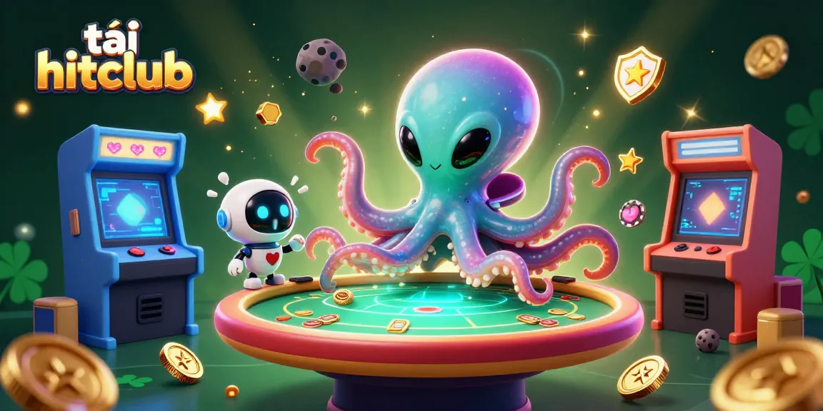 Join the adventure to tải hitclub with a vibrant alien octopus playing poker, surrounded by dynamic game elements.