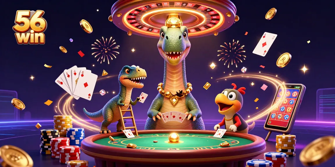 Experience 56 win with a thrilling casino scene featuring playful characters and vibrant game elements.