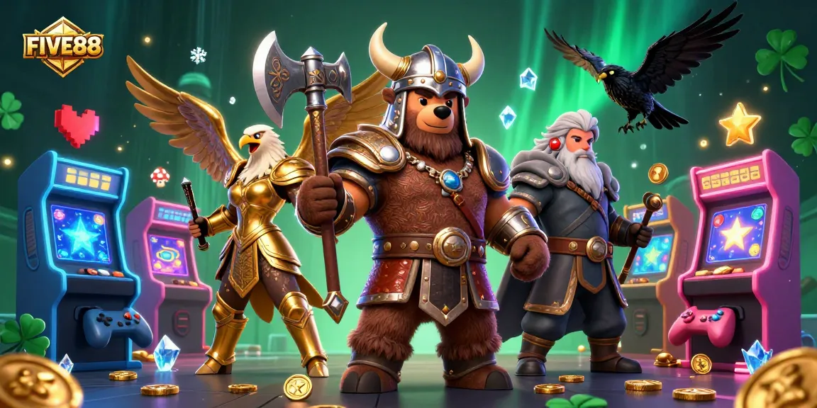 Engage in thrilling gaming with FIVE88's vibrant 3D casino illustration showcasing dynamic characters and elements.
