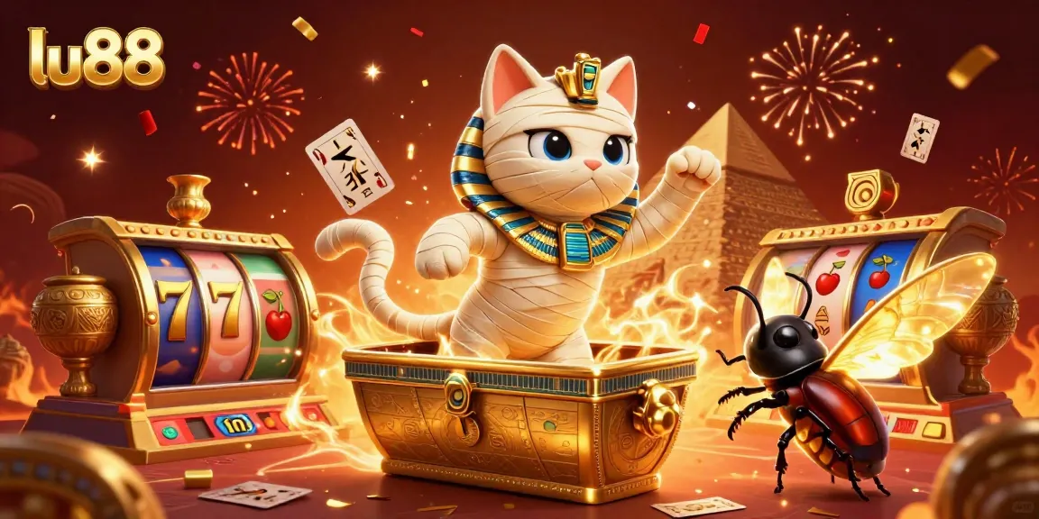 Experience the thrill of lu88 with a 3D rendered mummy cat and golden slot symbols in a vibrant casino scene.
