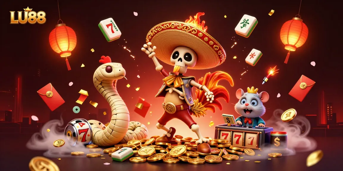 LU88 offers a vibrant casino experience with festive characters dancing amidst jackpot slots and gold coins.
