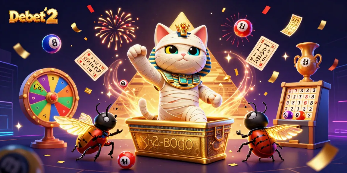 Engage in iconic games with Debet 2 as the Egyptian mummy cat, scarab beetle, and hieroglyph cards celebrate in a casino setting.