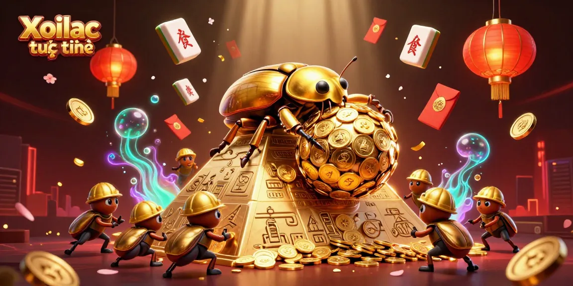 Join the fun at Xoilac trực tuyến, as golden beetles roll jackpot coins in a vibrant casino scene!