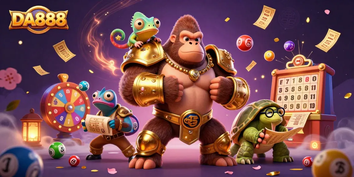 Engage in exciting lottery fun with DA888, featuring a cartoon gorilla king and dynamic game elements.