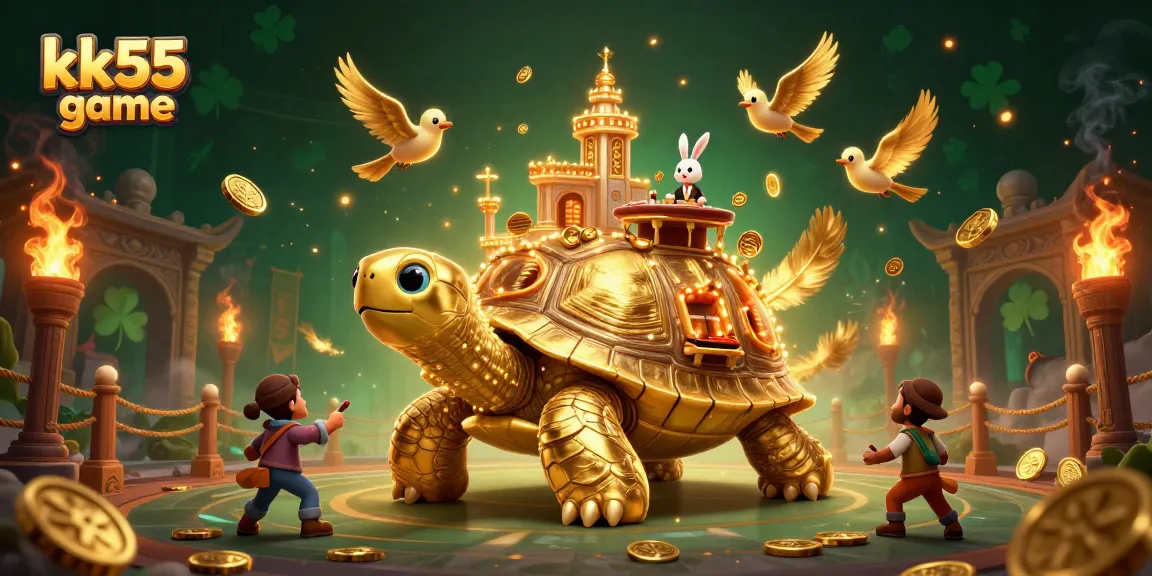 Celebrate winning in the kk55 game with a vibrant scene showcasing a tortoise casino and a rabbit dealer.