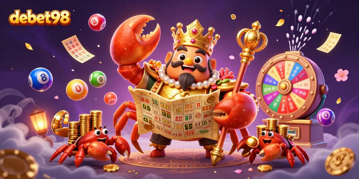 Excite players with debet98's vibrant gambling scene featuring a golden crab emperor amidst lottery elements.