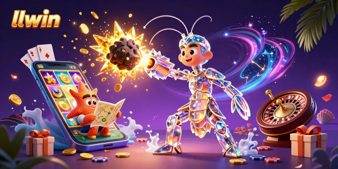 llwin showcases a fantasy gambling scene with vibrant characters, exploding gems, and exciting game elements