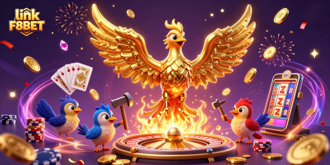Experience the excitement of link F8BET with a golden phoenix and rich casino elements in a vibrant scene.