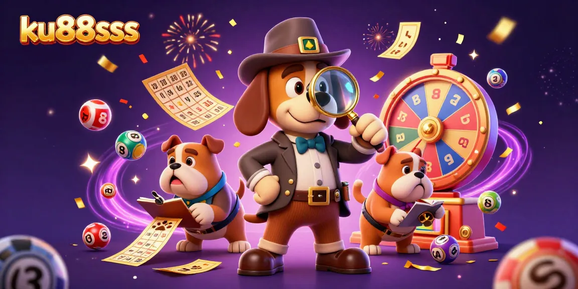 Engage in winning strategies at ku88sss, featuring a detective and dog revealing treasures among dynamic gambling elements.