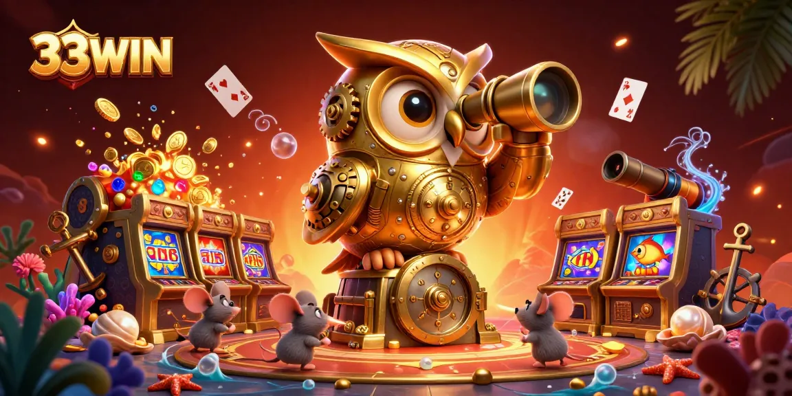33WIN offers a vibrant casino experience featuring 3D characters exploring slot machines amidst a treasure-laden scene.