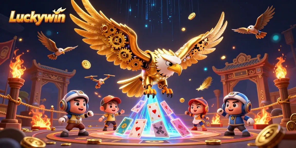 Luckywin showcases a heroic cybernetic eagle amidst dazzling dynamic casino elements, capturing the thrill of online gaming.