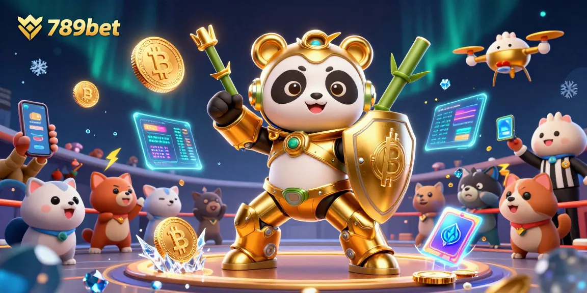 Join the excitement at 789bet with our dynamic casino scene featuring a mech-suit panda and crypto elements.