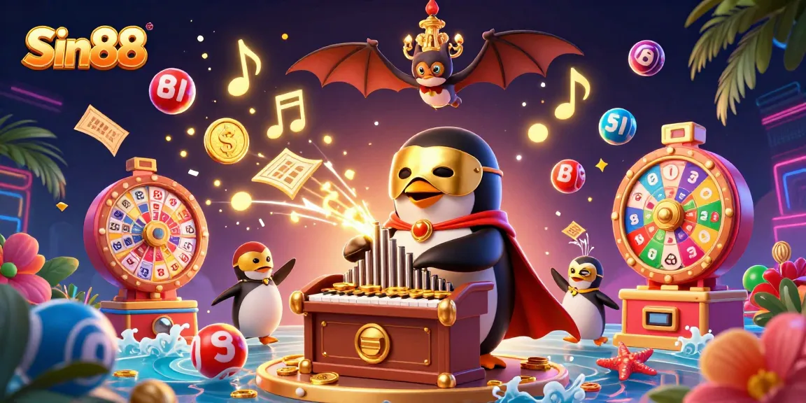 Sin88 features a vibrant 3D illustration of a penguin playing an organ, surrounded by lottery elements.