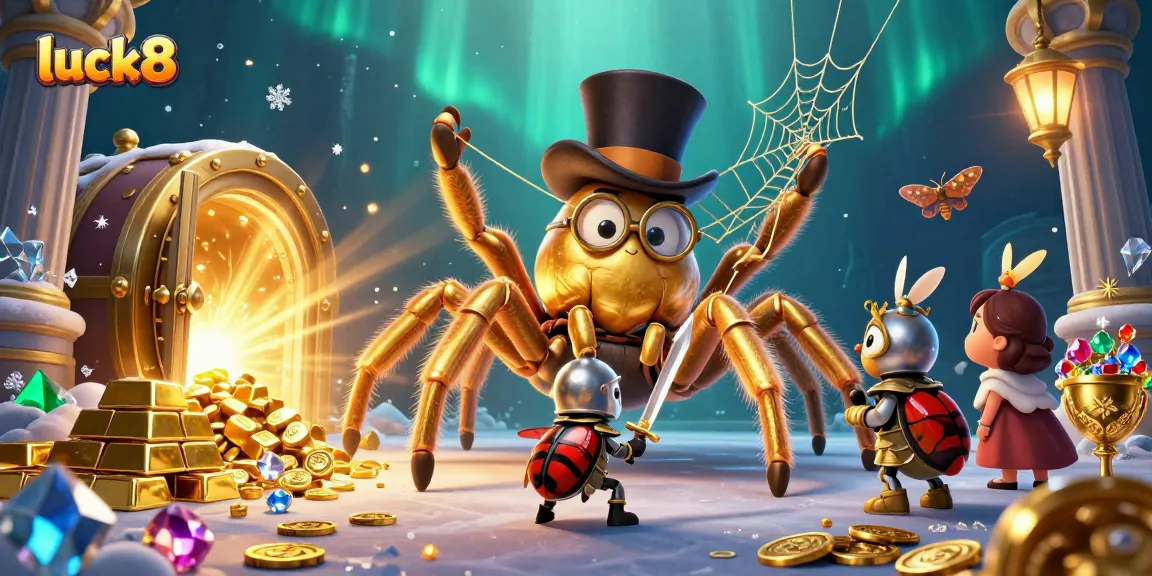 Experience luck8's vibrant gaming world with a golden tarantula and brave beetle knight amid treasures.