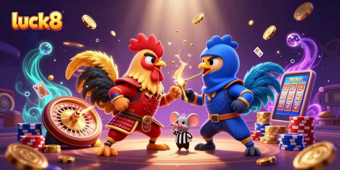 Engage with luck8's thrilling action as roosters battle in a vibrant casino scene.